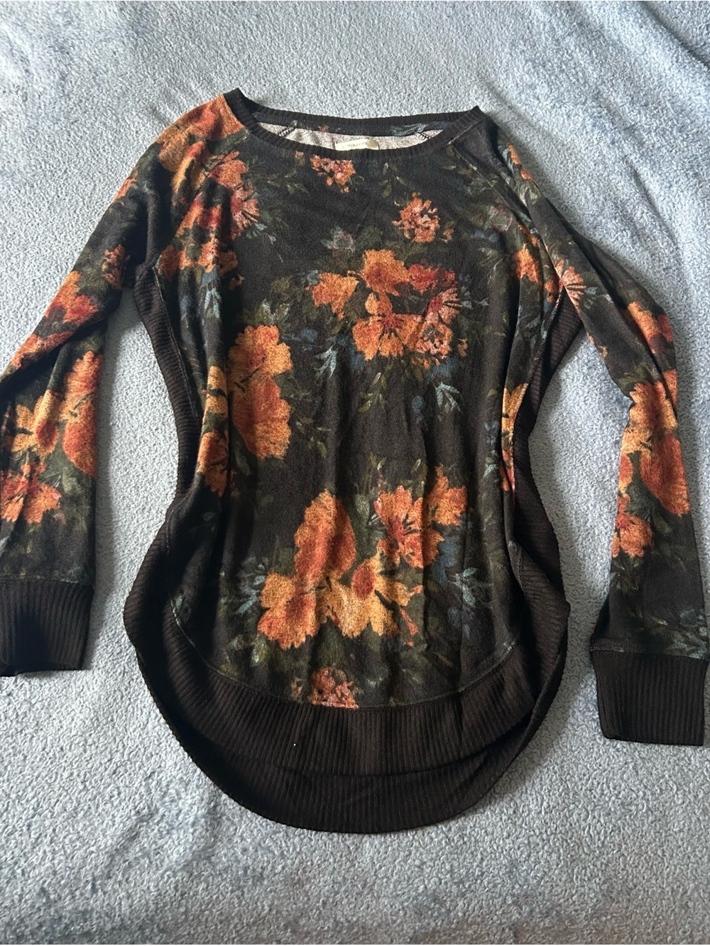 Maurices Dark Brown Crewneck Sweater with Orange Floral Print